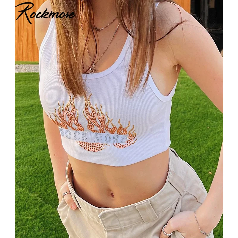 

Rockmore Flame Diamond Sleeveless Tank Top Women Y2K Aesthetic Cute Slim Mini Vest Casual White Sweat Crop Top EGirl Summer 2021