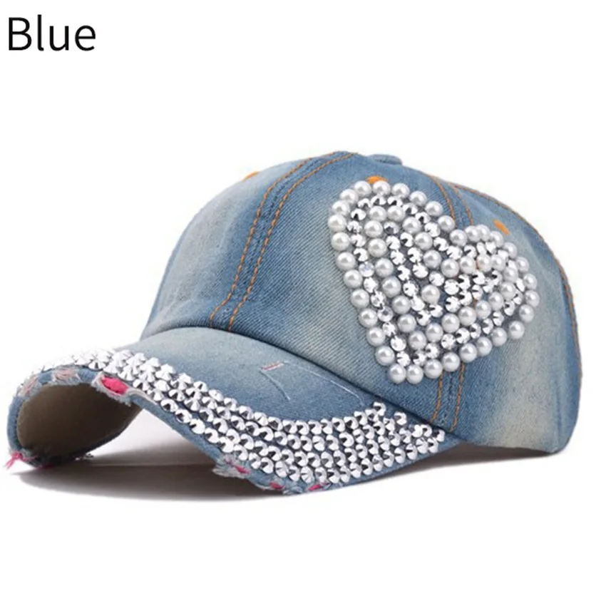 JNKET New Fashion Women Denim Baseball Cap Heart-shaped Diamonds Hip Hop Caps Sunhat Snapbacks Hats Gorras Baseball Casquette