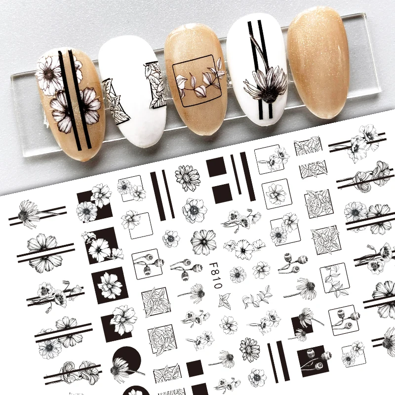 

1 PC Gothic Black White Flowers Nail Stickers 3D Hollow Floral Leaves Sliders Geometry Decal DIY Nail Design