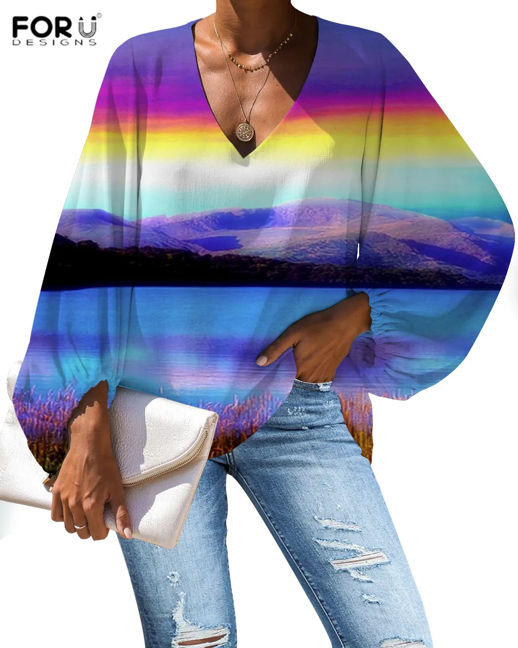 

Рубашка FORUDESIGNS в стиле Харадзюку, женская блузка с разноцветным радужным принтом, Повседневная Свободная рубашка с длинным рукавом, топы, же...