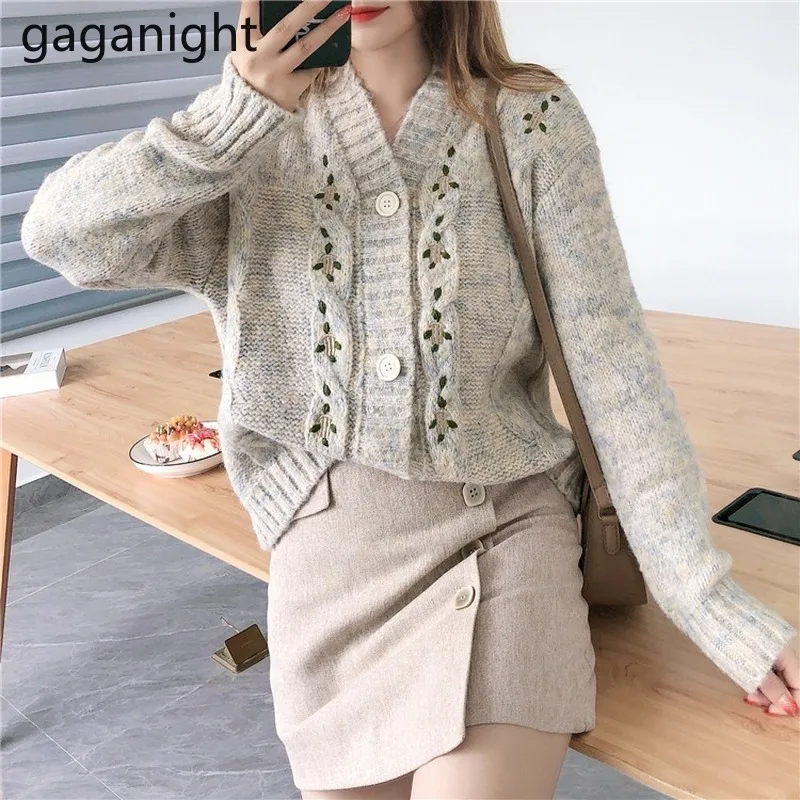 

Gaganight Knitted Embroidery Flower WOmen Cardigan Casual Loose Kardigan Sweet Solid Sweater Autumn Winter Fashion Cardigans New