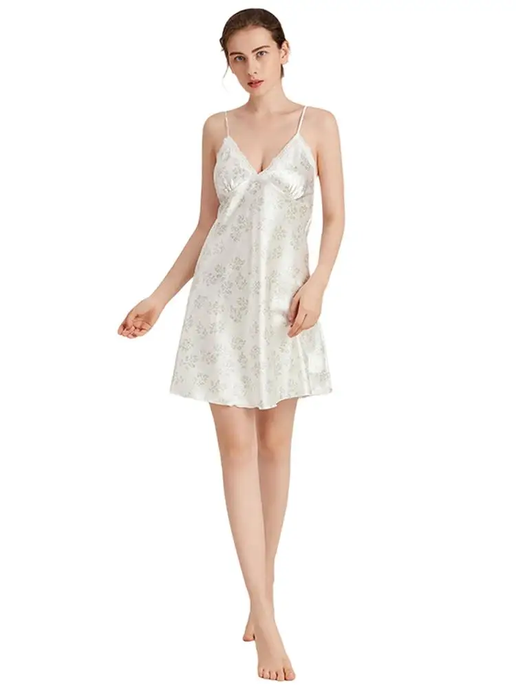 

Lace Satin Printed Pajama Dress Women Bride Babydoll V-Neck Full Strap Lace Trim Slip-On Skirt