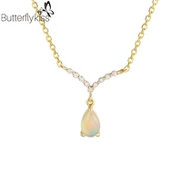 bk 9k genuine gold natural opal necklace for women with zircon v shaped pendant anniversary wedding engagement fine jewelry