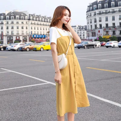 

Женское облегающее платье средней длины, платье из двух частей с коротким рукавом, карманами и круглым вырезом, на бретелях, весна-лето 2020