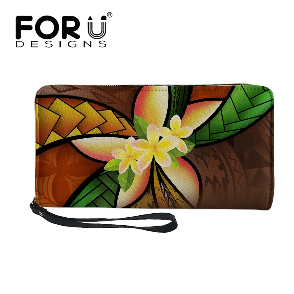 

FORUDESIGNS Pretty Plumeria Pattern Leather Long Wallet for Woman Luxury Causal Portable Purse with Zipper Hand Strap Coin Bags