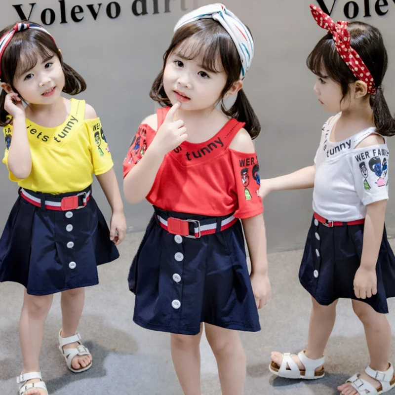 Детская одежда для девочек Милая футболка с открытыми плечами и рисунком юбки