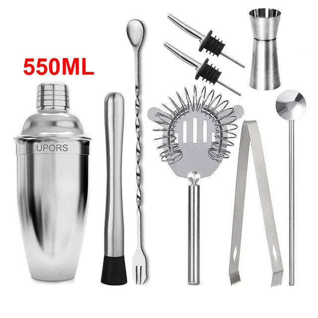 550ML 9PCS UPORS шейкер 550 мл/750 мл нержавеющая сталь Вино мартини Бостонский шейкер Миксер для бара вечерние инструменты бармена барные аксессуары - Цвет: 550ML 9PCS