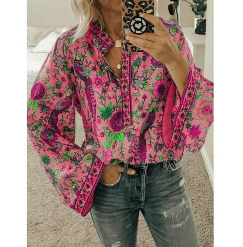 Женская свободная туника в стиле бохо с длинными рукавами фонариками хиппи