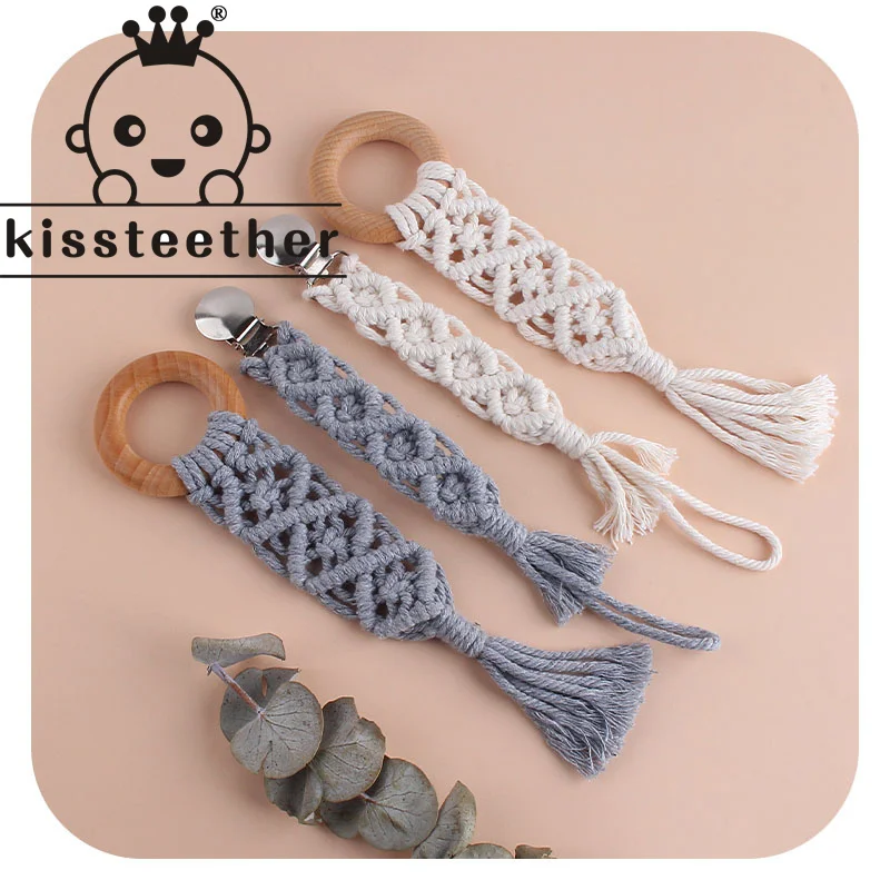 

Kissteether 1set Baby Wooden Teether Pacifier Clip Chain Hand-woven Rope Crochet Beads Rodent Soother Clip Baby Shower Gift