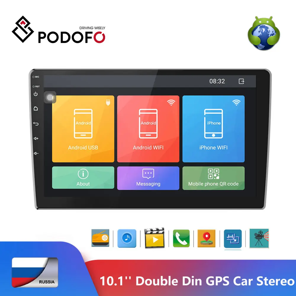 Podofo Android 2 Din Car Radio Multimedia Video Player 10.1''MP5 GPS Touch screen Mirror 2.5D with Bluetooth WIFI FM - купить по