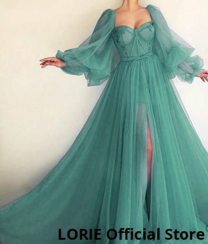 Turquoise Лори Длинные Пышные синие платья с рукавами для выпускного вечера, тюлевые вечерние платья с открытой спиной и шнуровкой, вечернее платье, платье для вечеринки, платье размера плюс - Color: Turquoise