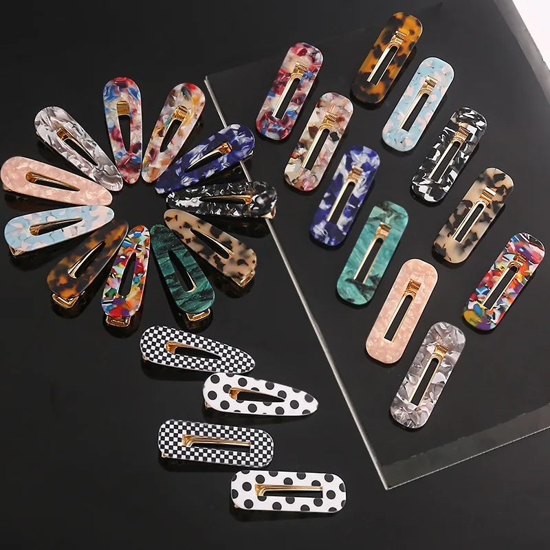 

HiHosilver Hot Sale Marbling Acrylic Hairpins Women Open Close Buckle Square Sharp Leopard Hairgrips Girls FG007