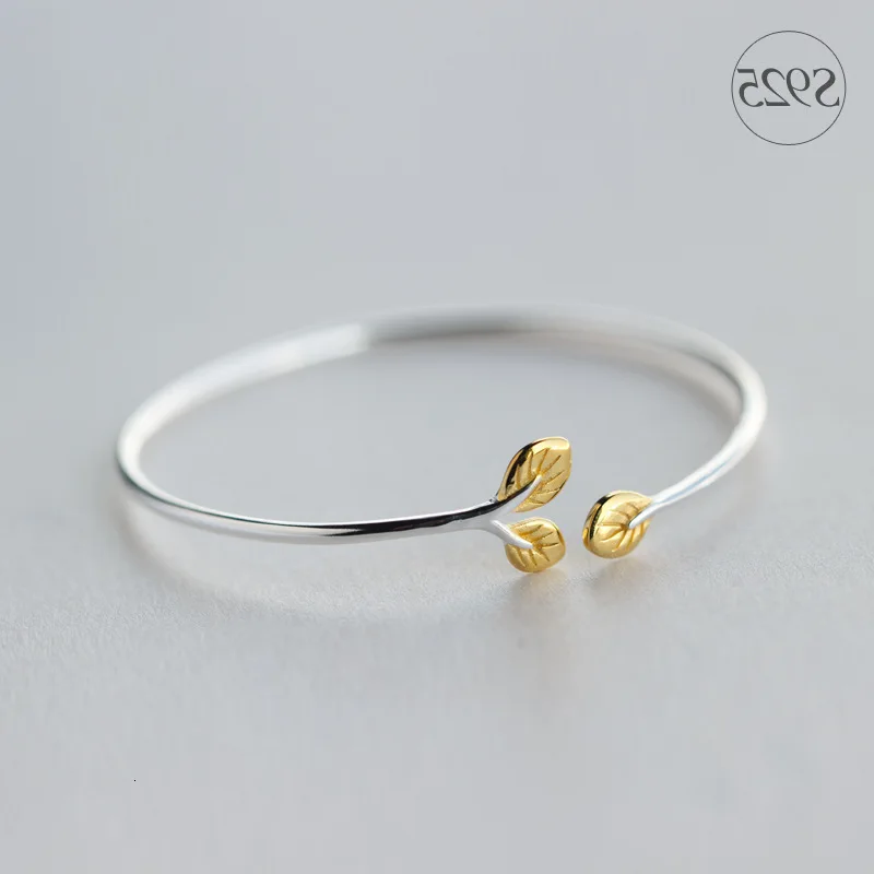 Браслет-манжета из чистого серебра 925 пробы с золотыми ветвями и листьями