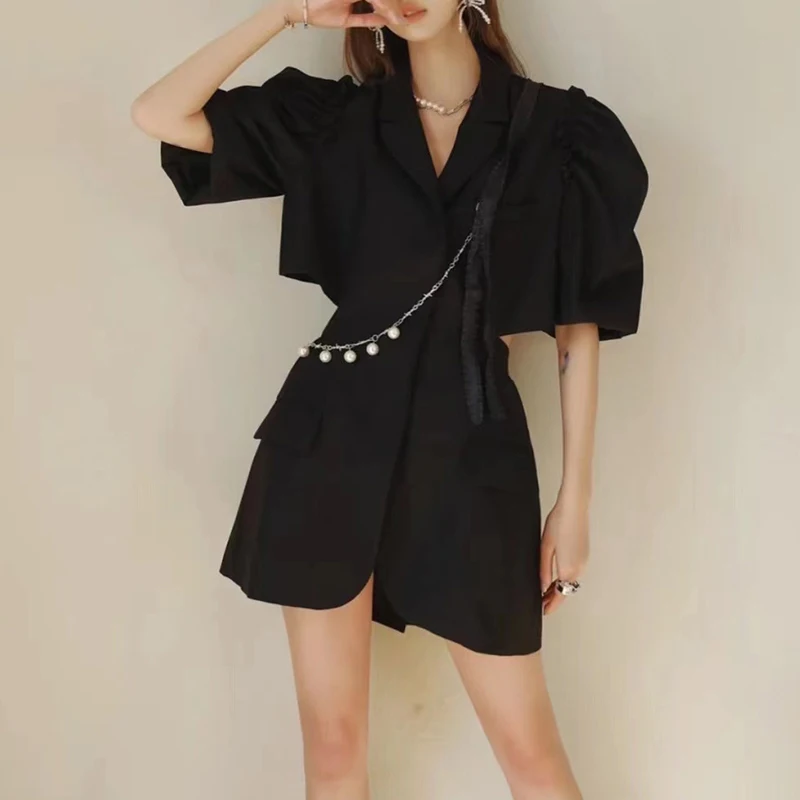 

Hollow Out Patchwork Pearl Dress For Women Notched Puff Sleeve High Waist Mini Black Dresses Female Fashion New