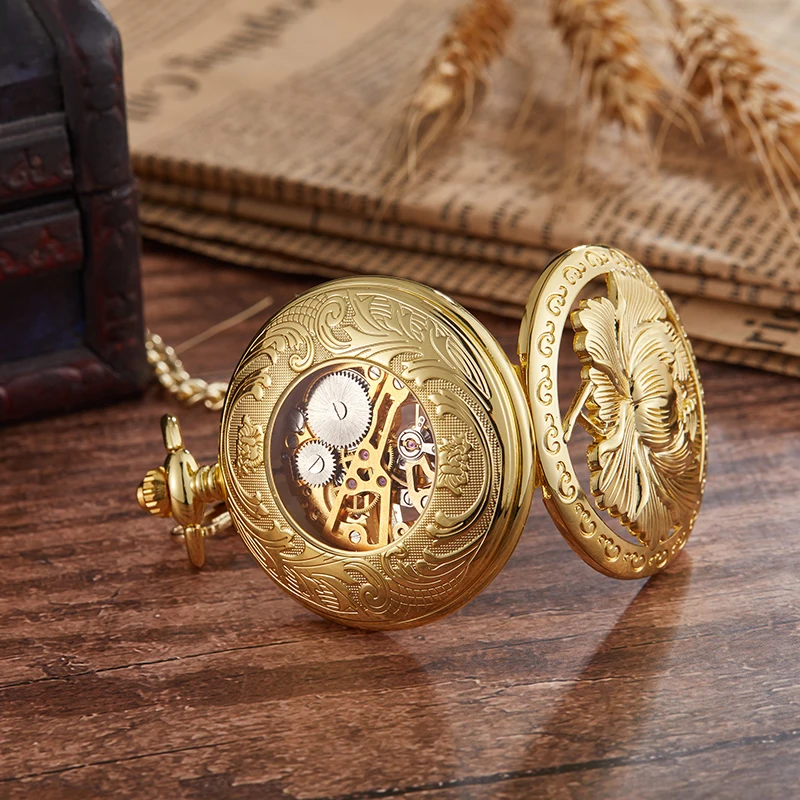 Luxury Gold Mechanical Pocket Watch Golden Peony Flower Engrave Steampunk Skeleton Fob Chain Clock for Men Women Dropshipping