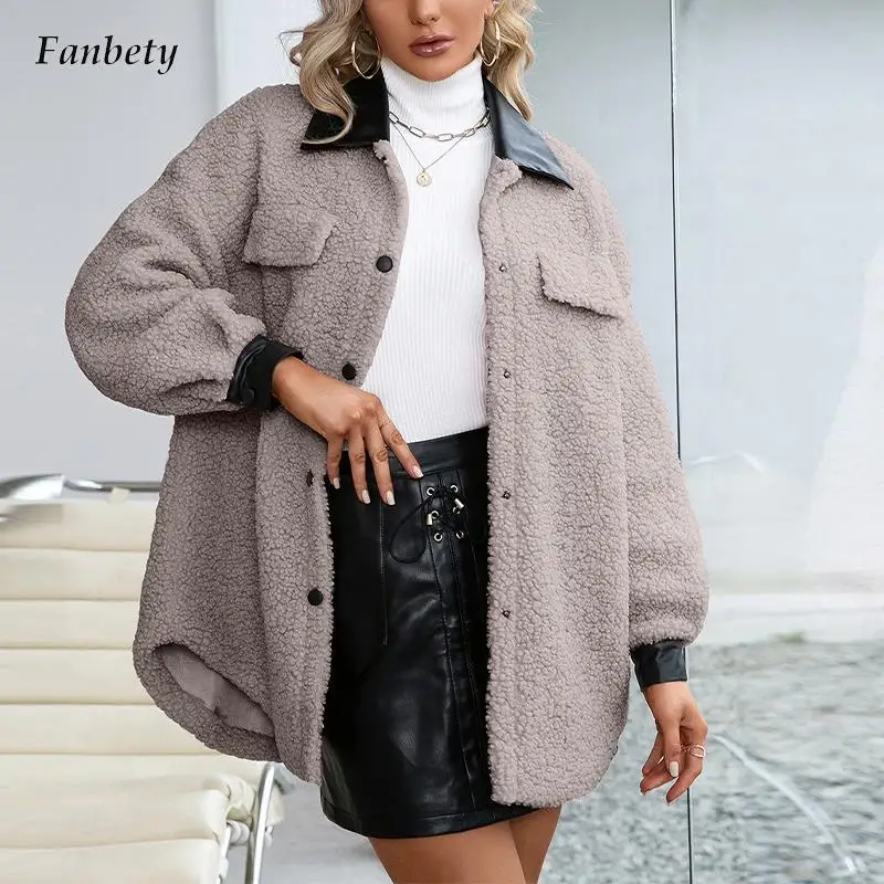 

Fall Winter Warm Solid Single-breasted Women Jacket Women Elegant Fashion PU Patchwork Lapel Casual Lambswool Coats Outwears New