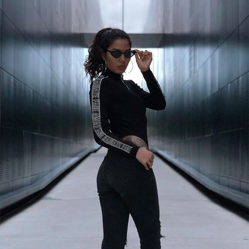 New 2020 Bodysuit Women Letter Zipper Half High Collar Long Sleeve Casual Bodysuits Women's Clothing ropa mujer D05601Y