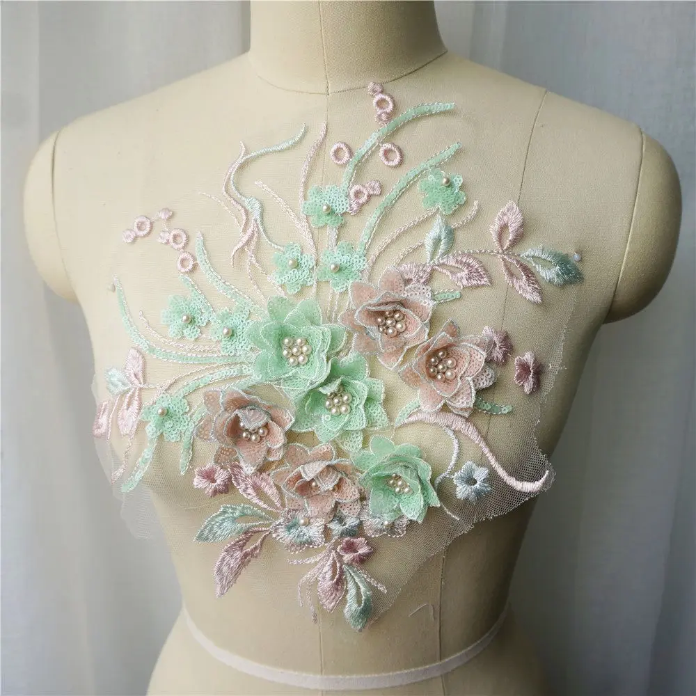 Зеленые розовые 3D Цветочные кружевные тканевые бусины с блестками бахромой