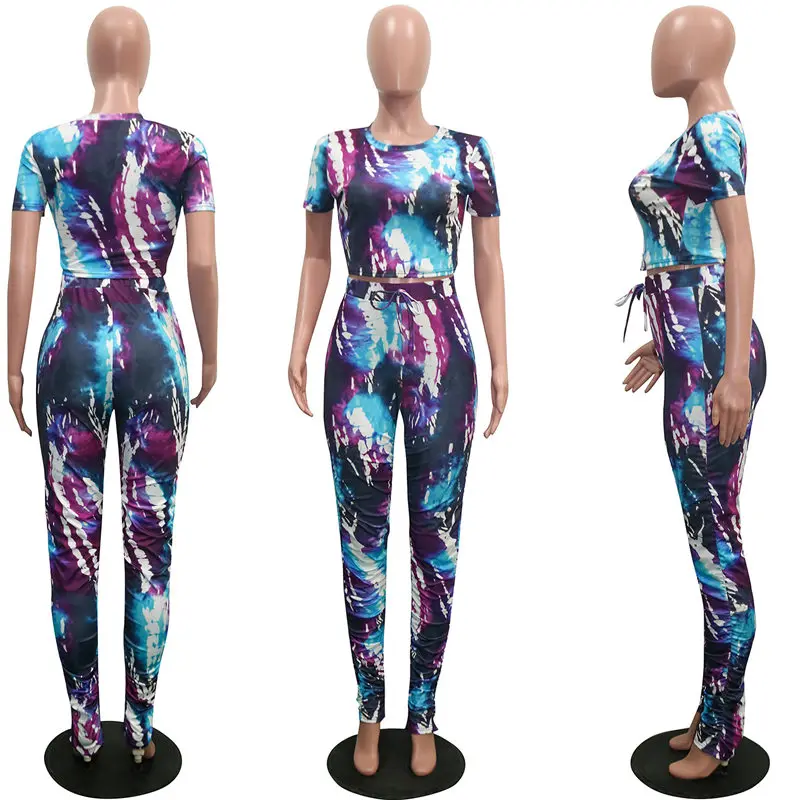 

Tie Dye Two Piece Set Women Tracksuit Fitness Casual Outfits Crop Top Stacked Pants Sweat Suit Lounge Wear Matching Sets