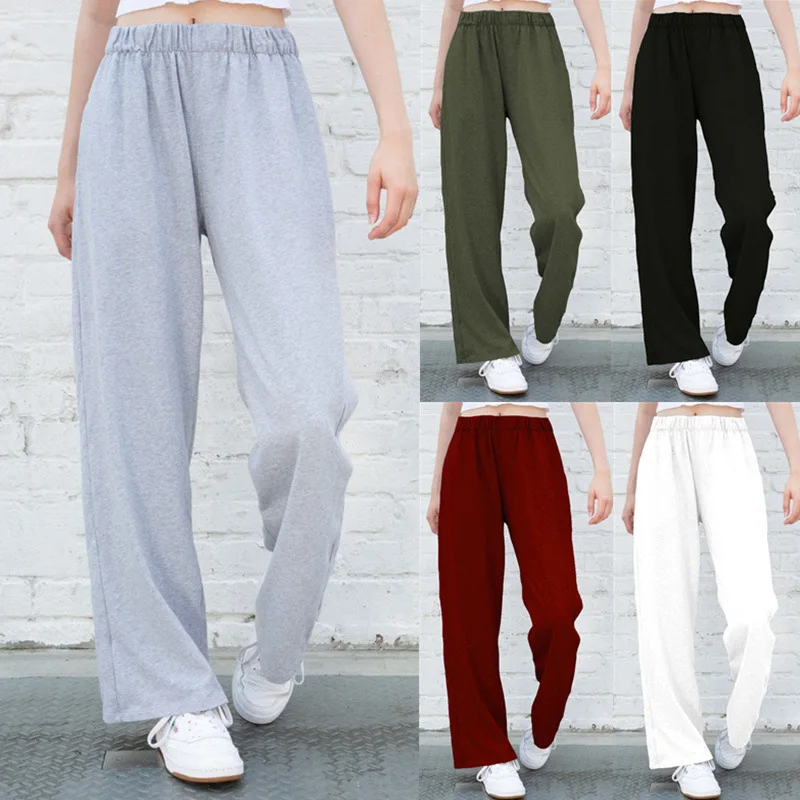 

2021 Spring/Autumn Women's Plain Color Stretch Waist Straight Leg Casual Pants for Home European/American Wear Sweatpants Women