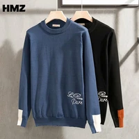 hmz pullover men college style sweater patch color contrast round neck sweater male fashion multiple colour sweater knitwear men
