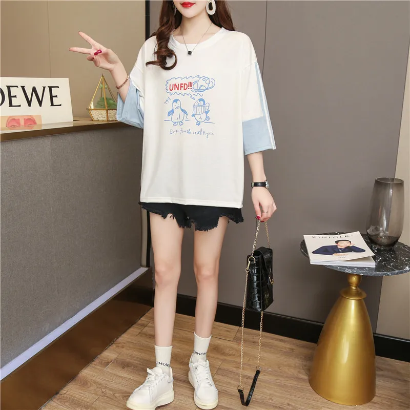 

2021 Trendy Summer Plus Size Women's Clothing 100KG Plump Girls Fat Sister Slimming Top T-shirt with Short Sleeves
