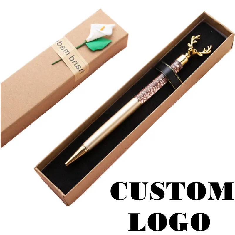 

Metal Personality Creative Quicksand Signature Custom Logo Pen Signature Ballpoint Pen Elk Christmas Gift Pen With Pen Box Set