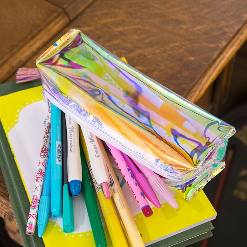 

Чехол для карандаша с лазерным рисунком, Большой Вместительный простой крутой чехол с кисточками, художественный Прозрачный чехол для кара...