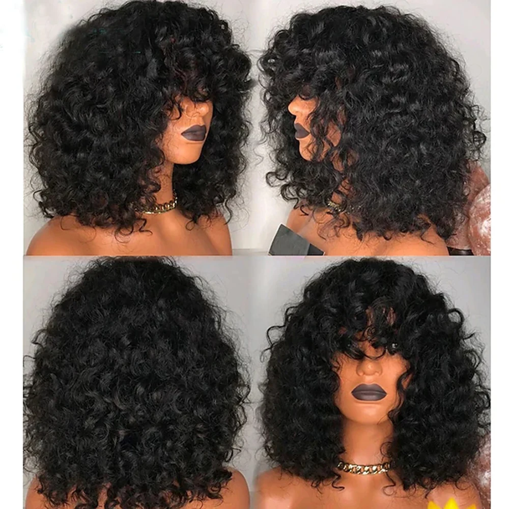 human hair short afro curly Asymmetrical With Full Bangs for black Women