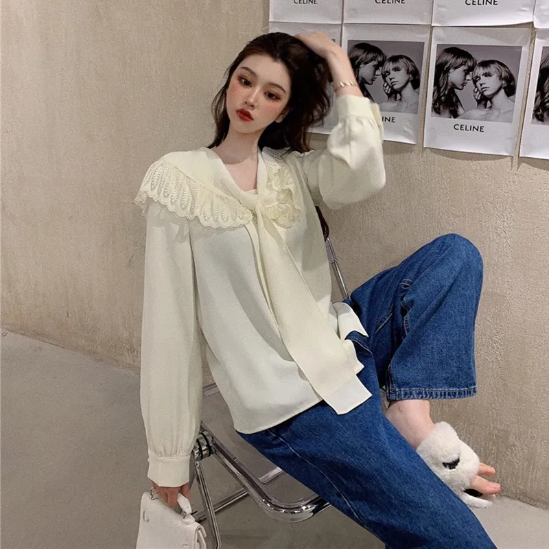 

Женская шифоновая блузка с длинным рукавом, однобортная Повседневная рубашка с воротником «Питер Пэн», модель V127 на весну и осень, 2021