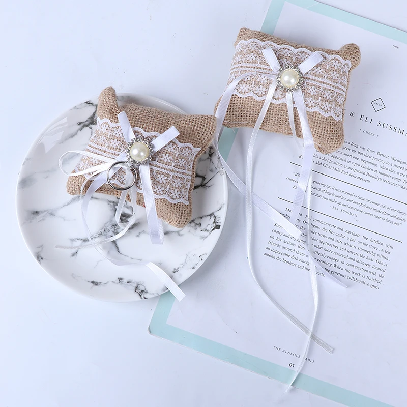 1 шт. кружевной бант кольцо Подушка Свадебная винтажная Мешковина джутовая