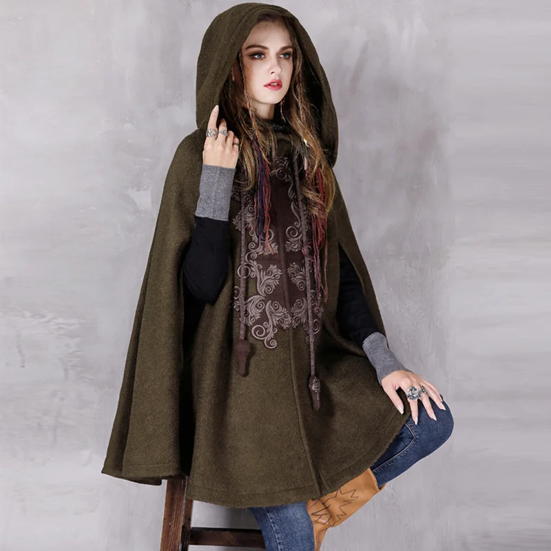 Свободное шерстяное пальто с капюшоном и вышивкой Женское зимнее утепленное в