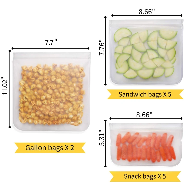 Многоразовые сумки для хранения (12 упаковок) 2 галлона и 5 сэндвич-пакетов обеда