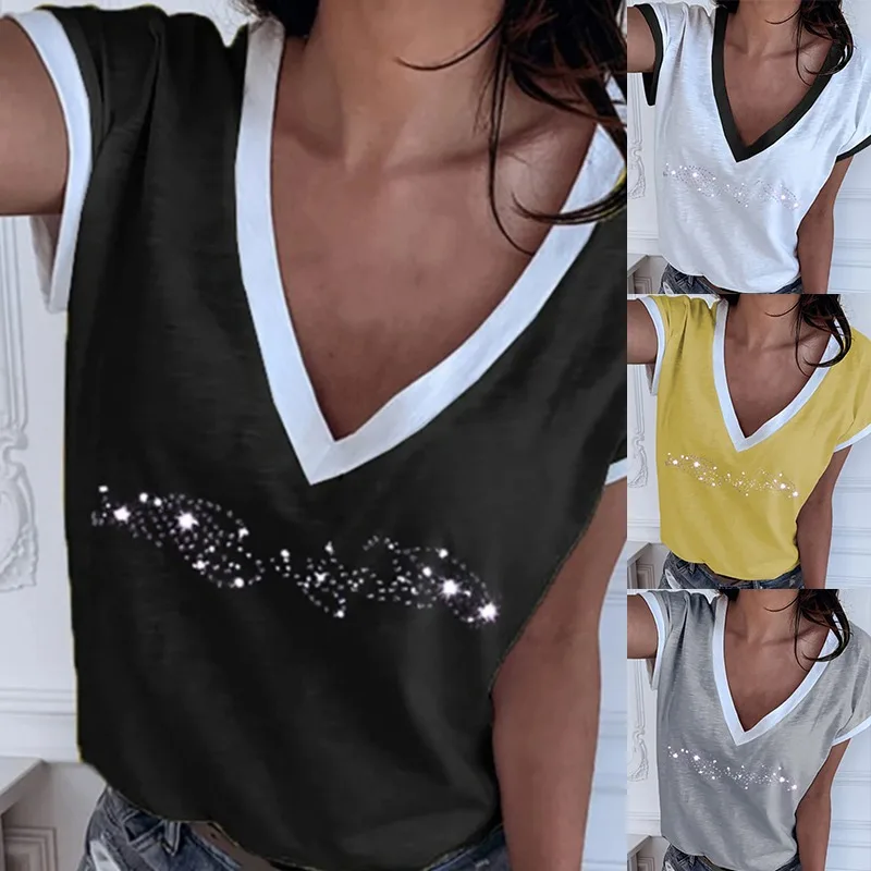 

Women's Patchwork Cold Shoulder Off T-shirt Tops V-Neck Half Sleeve Female Tee Shirt Summer Autumn Casual T Shirt 2021 For Women