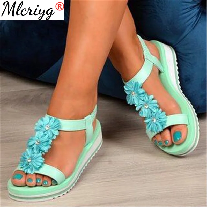

Women Sandals Flower T-tied Slip on Casual Ladies Shoes Summer Elastic Band Ankle Strap Platform Female Flat Comfort 2021 Summer