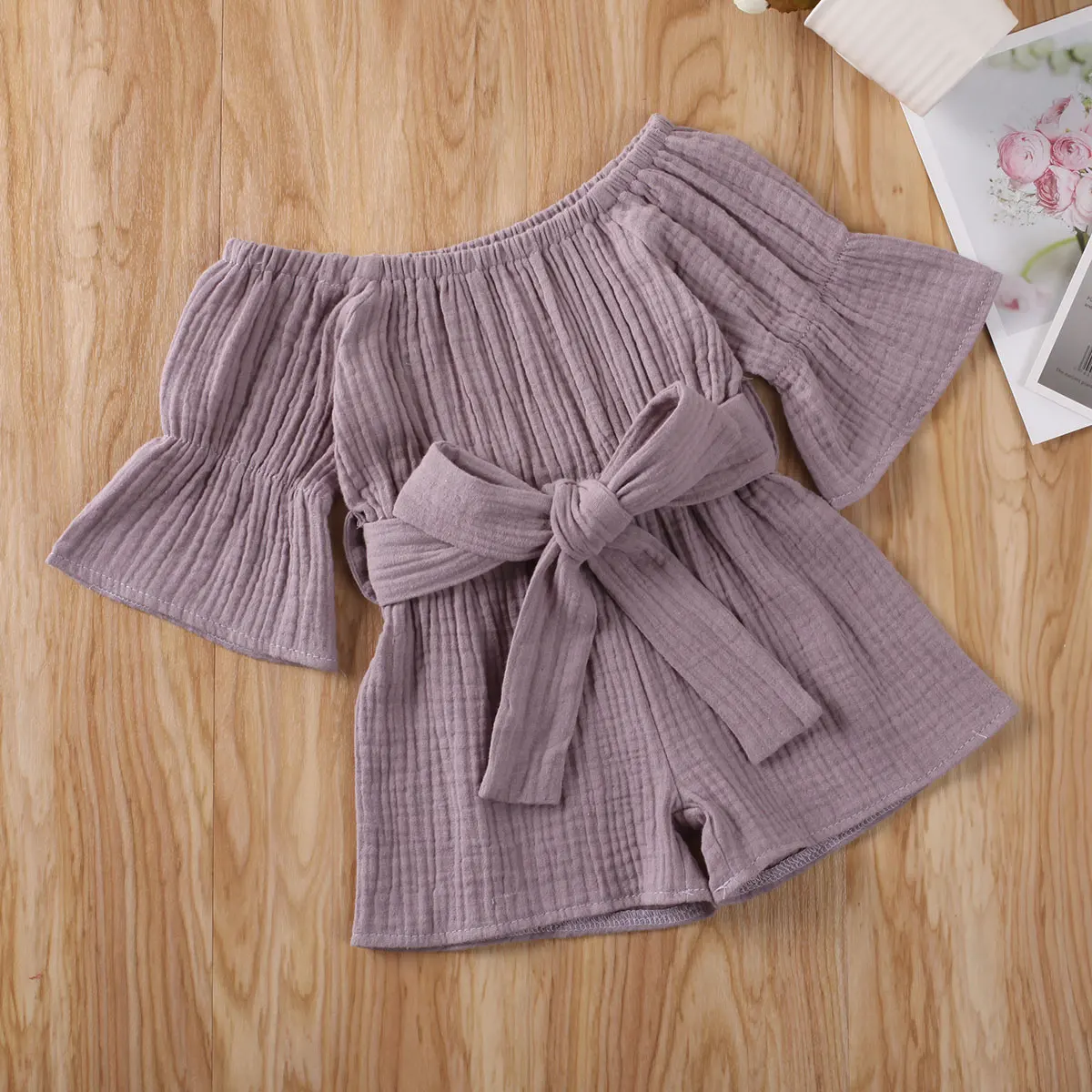 

2020 New Cute Baby Girl Solid Color Off-shoulder Jumpsuit Toddler Trumpet Sleeve Waist Bandage Jumpsuits Shorts