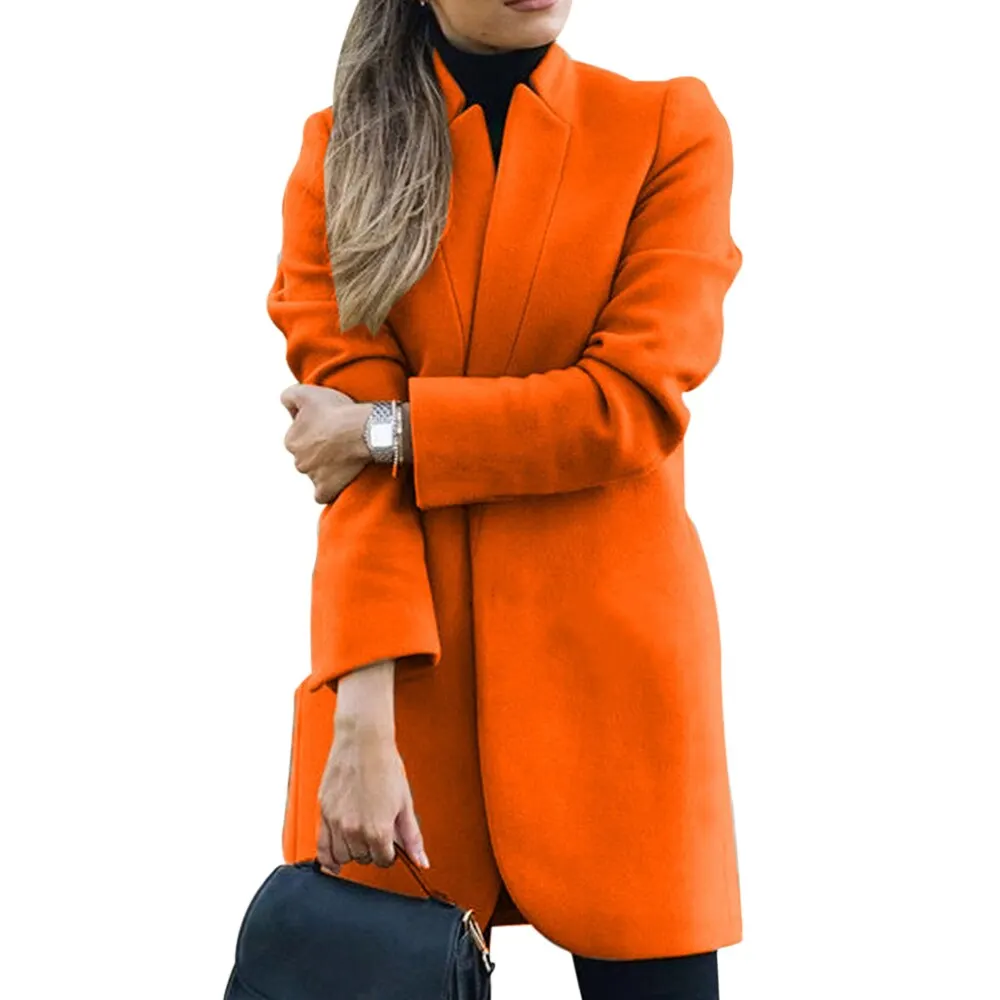 

Women Casual Solid Color Long Sleeve Stand Collar Slim Long Jacket Wool Coat Plus Size 5XL Autumn Winter New Fashion Long Coat