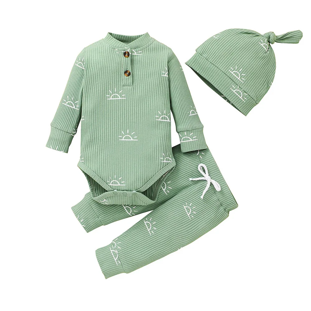 

Newborn Baby Boys Buttons Long Sleeve Cotton Round Neck Pullover Elastic Waist Casual Knitted Geometric Print Romper Hat 3Pcs