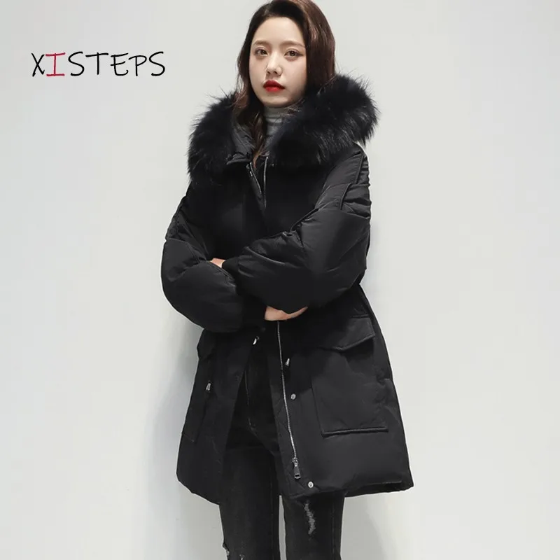 Fur Hooded Thick Warm Winter Parkas For Women 2021 Black White Down Coat Windproof Outwear Padded Women Winter Jacket Overcoat
