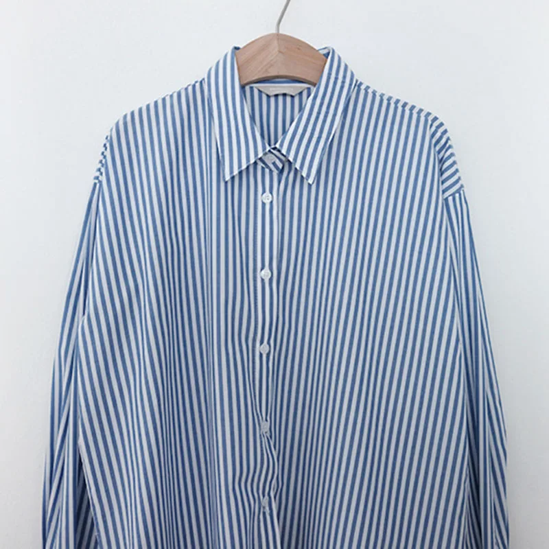 

Women's Spring Autumn Blouse Korean Style Lapel Single-breasted Long-sleeved Loose Top New All-match Casual Striped Tops LL380