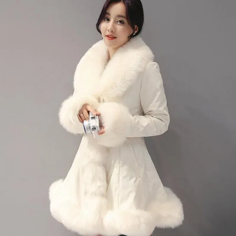 New Fashion Womens Big Faux Fur Coats Fur Collar Leather Mid Long Parkas Winter Female Warm Fur Outwear Beige Coats Clothes