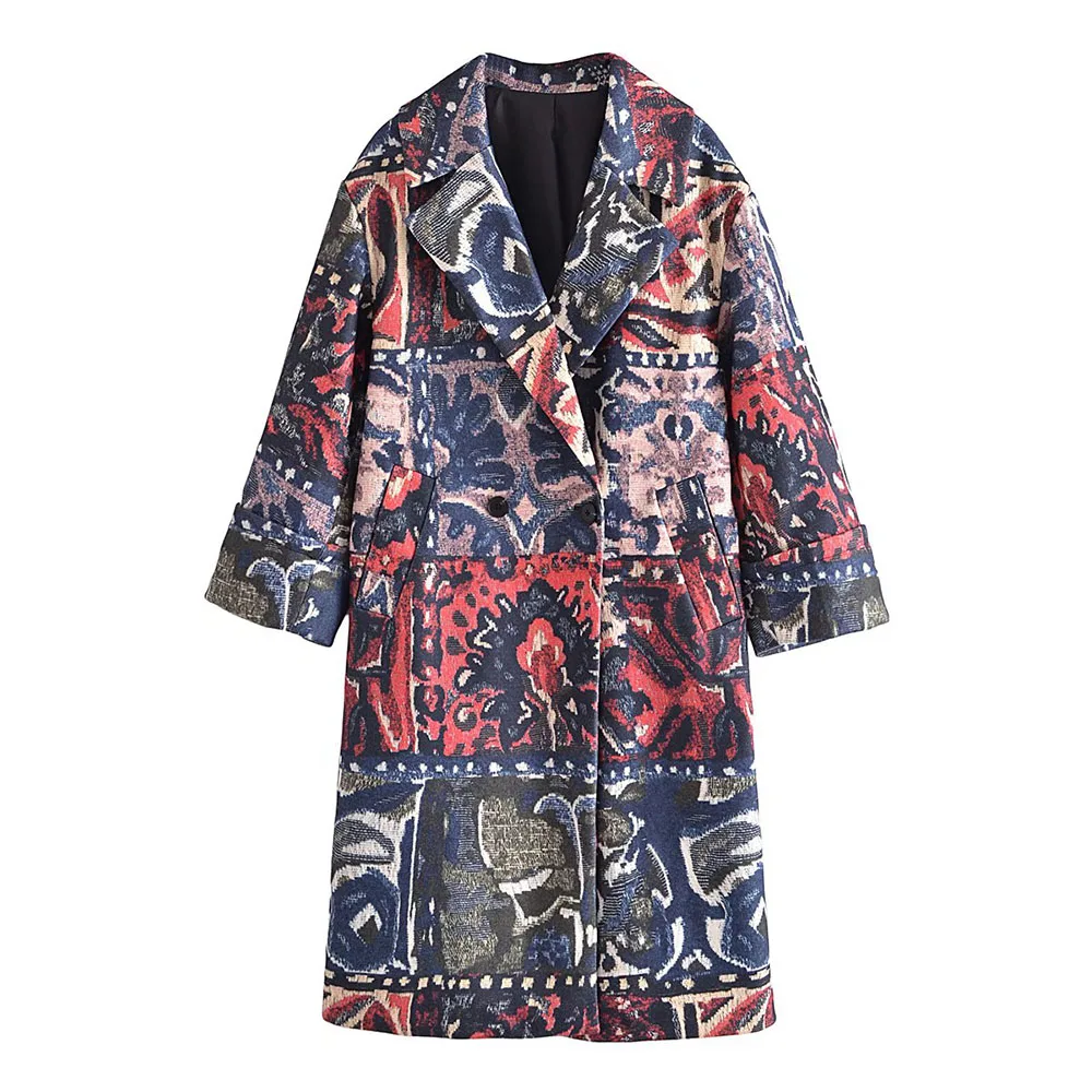 

Willshela Women Fashion Jacquard Oversized Long Coat Double Breasted Lapel Collar Long Sleeves Vintage Woman Winter Outwear