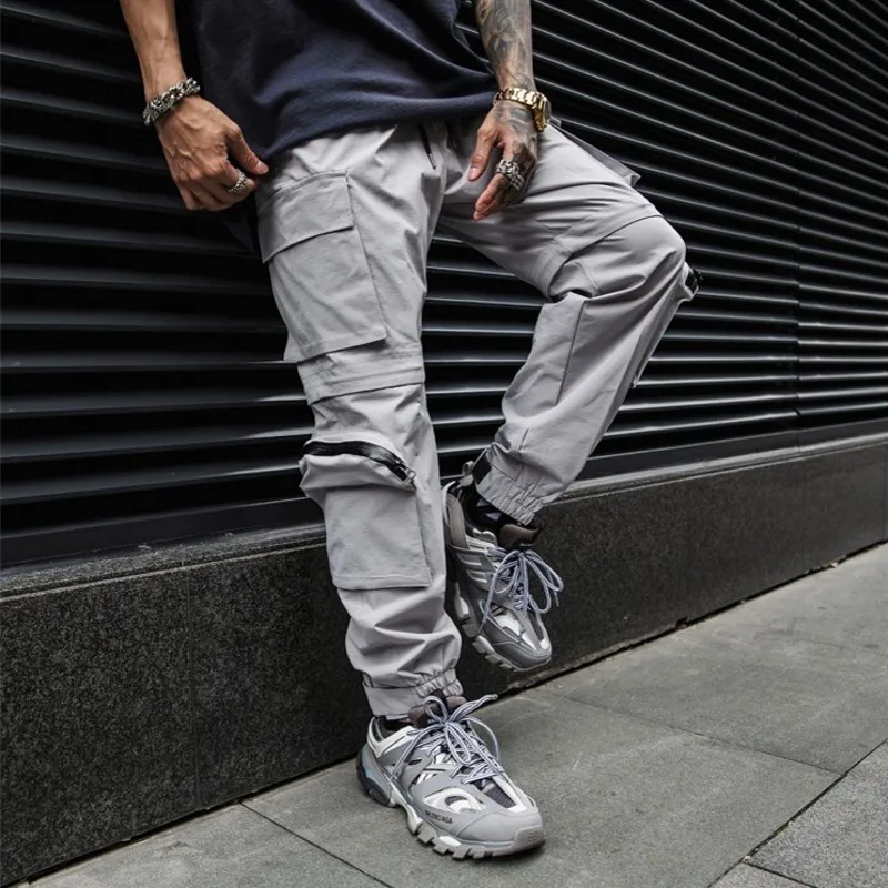 

Fashion Men Joggers Cargo Pants Multi-Pocket Detachable Tapered Bottom Hip Hop Tactical Trousers Washed Drawstring Techwear