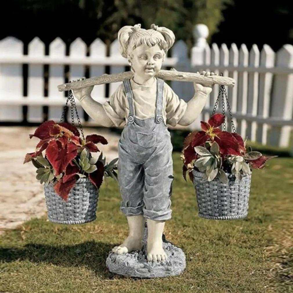 

Little Girl Standing Statue Carring With Flowers Basket For Felicity Design Garden Resin 3D Ornament Decoration