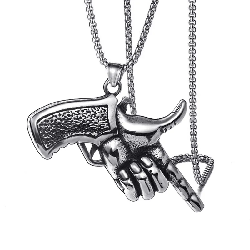 

European And American Retro Street Personality Titanium Steel Stainless Pistol Gesture Pendant Necklace Male