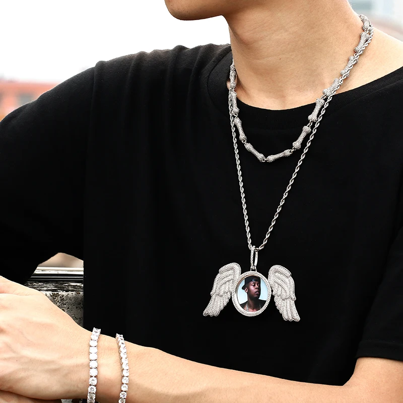 

New Customized Made Photo Angle Wings Necklace Pendant With Full Bling Zircon Cubic Lced Out Gold Chains Hip Hop Memory Jewelry