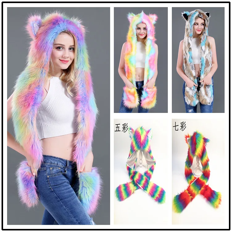 

Women Rainbow Stripes Furry Animal Hoodie Hat Fluffy Plush Ears Paws 3 In 1 Multifunctional Earflap Cap Scarf Gloves Mittnes Win