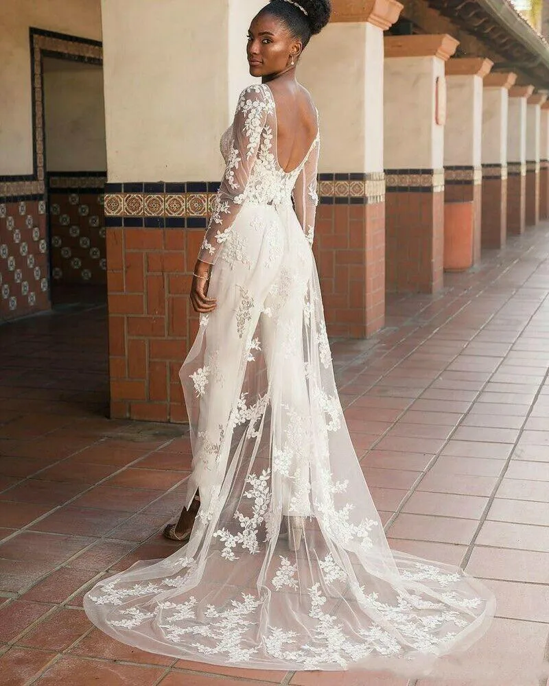 

Lace Applique Wedding Jumpsuit with Wrap Train 2020 African Nigerian Plus Size Bride Garden Holiday Wedding Dress Robe De Mariee