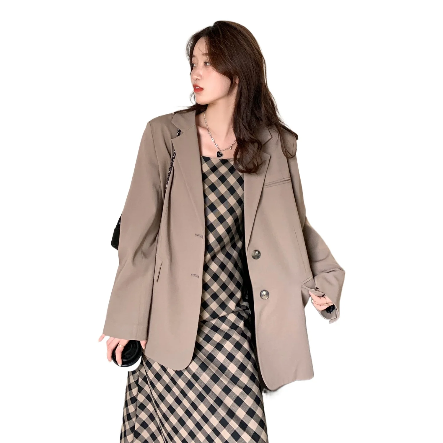 

Dress girl autumn new style impact color grid, salt can be sweet, medium long sling skirt unif cardigan fashion tops Hot Sale