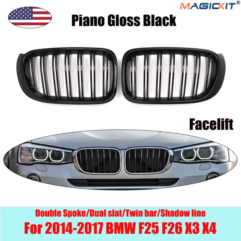 Решетка радиатора MagicKit для BMW F25 X3 F26 X4 14 17 двойная линия глянцевая Черная|Гоночные